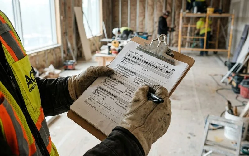 A clipboard showing a contractor's licensing, insurance, and warranty credentials