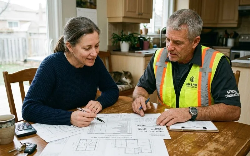 Ontario homeowner and contractor reviewing a line-item underpinning quote at a kitchen table