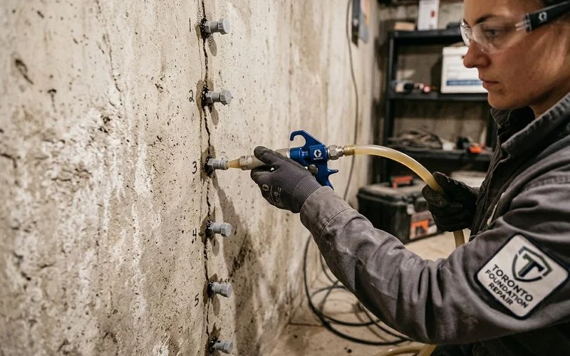 Polyurethane crack injection on a Toronto foundation wall, ports visible along the crack line