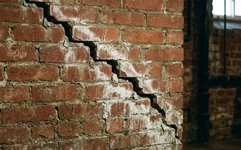 Close-up of a stair-step crack pattern in a red brick foundation wall