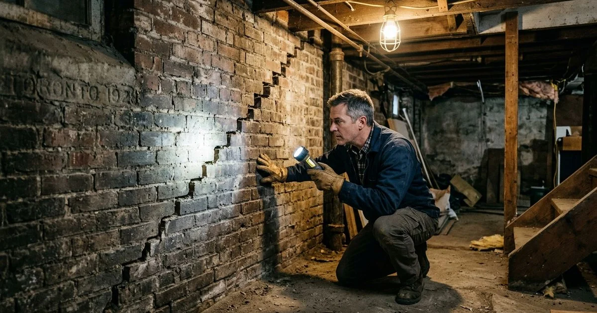 Toronto homeowner inspecting a cracked basement foundation wall with a flashlight