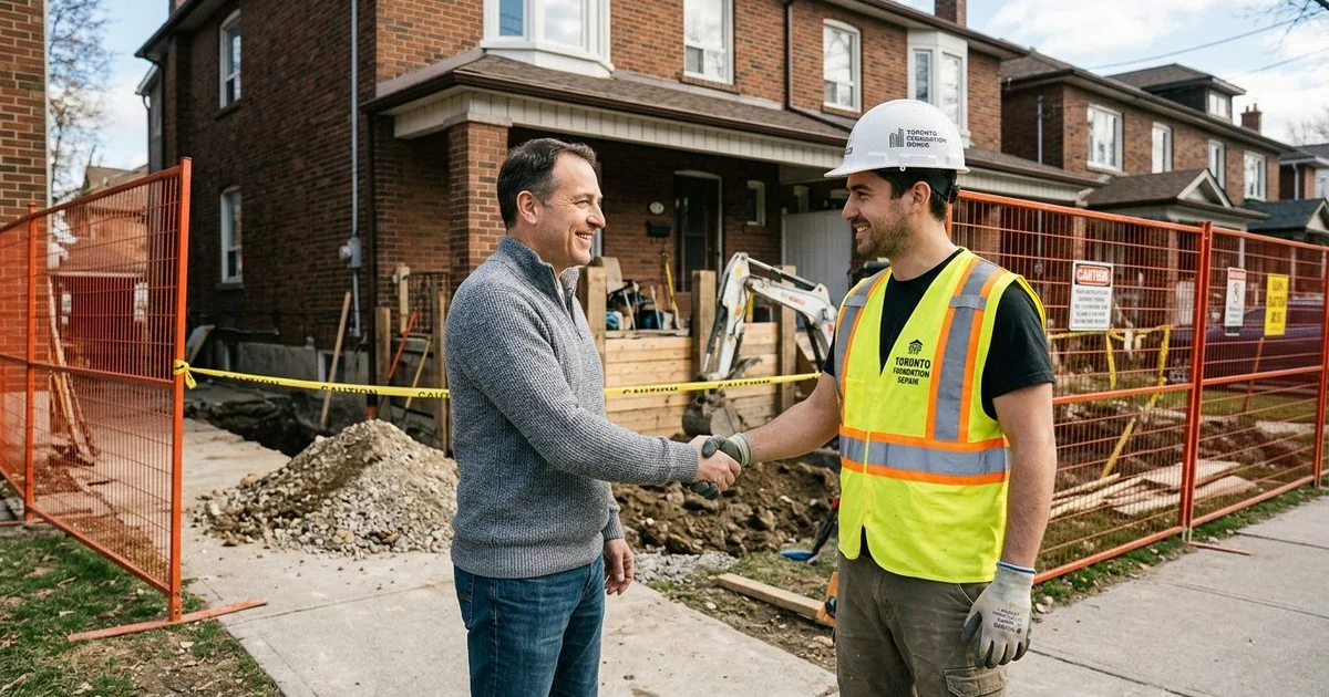 A Toronto homeowner and contractor finalizing an agreement at an active basement underpinning project site