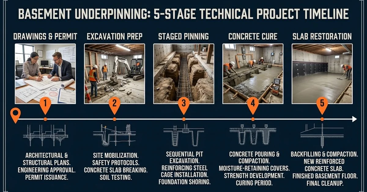 Visual timeline of a basement underpinning project showing five stages from drawings to finished slab