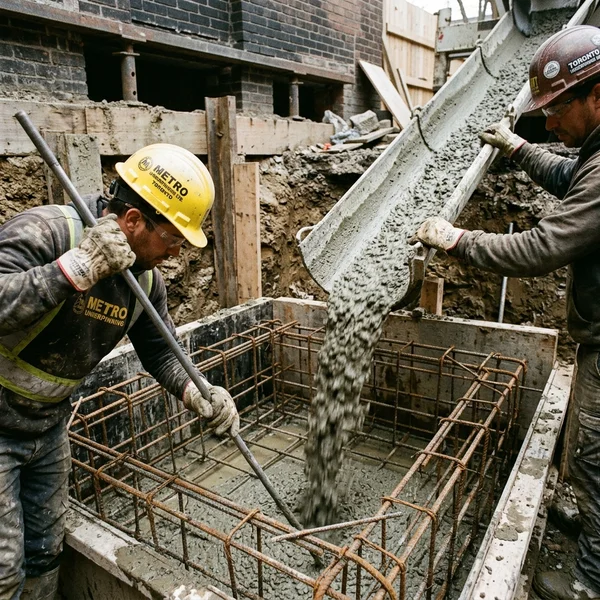 Toronto underpinning crew pouring an engineered pin section